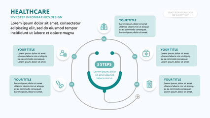 Healthcare infographics 5-step template design with stethoscope - for medical business presentation slide
