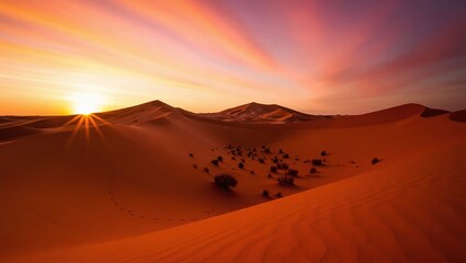 Sunrise over the Sahara Desert dunes with sparse vegetation and