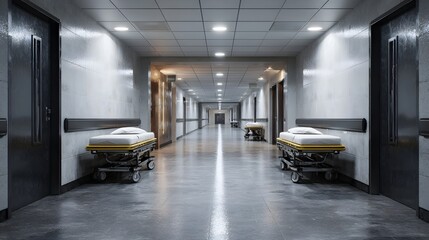 An empty hospital hallway stretches into the distance lined with doors and patient stretchers under bright lights conveying a sense of clinical