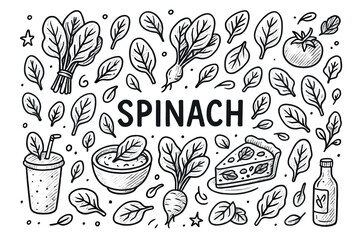 Spinach themed hand-drawn illustration with leaves, smoothie, soup, and pie