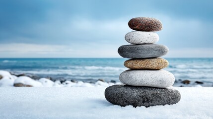 A stack of smooth stones balanced on snow near the sea under a calm, blue sky