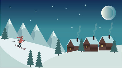 Winter night skier with houses
