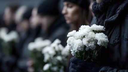 A somber gathering of people holding white flowers conveying grief respect and remembrance in muted light