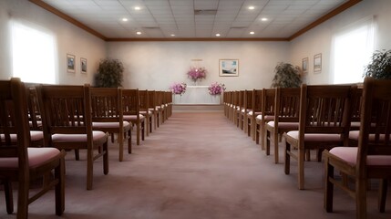 Empty chapel interior with rows of wooden chairs and floral arrangements ready for a ceremony