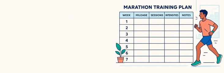 Marathon training plan template with weekly schedule chart and running man illustration on light background for sport planning and fitness goals. Ai generative