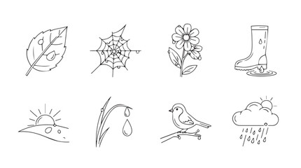 Set of eight hand-drawn nature and seasonal icons for decorative use vector