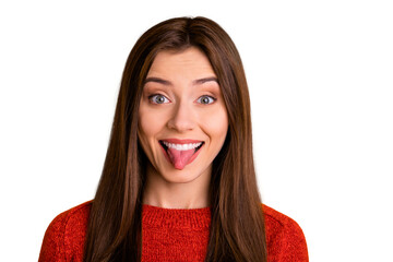 Photo of trendy charming cute nice attractive fascinating girlfriend sticking tongue out smiling...