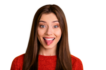 Photo of trendy charming cute nice attractive fascinating girlfriend sticking tongue out smiling toothily isolated over yellow vibrant color background