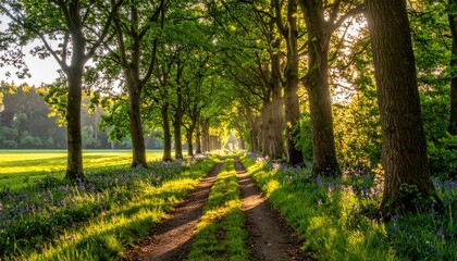 Fototapeta premium Sunny pathway through a lush, tree-lined grove with wildflowers