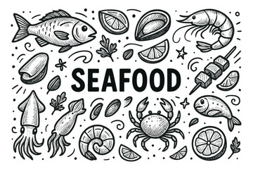 Hand-drawn seafood collection with fish, crab, shrimp, and shellfish illustrations