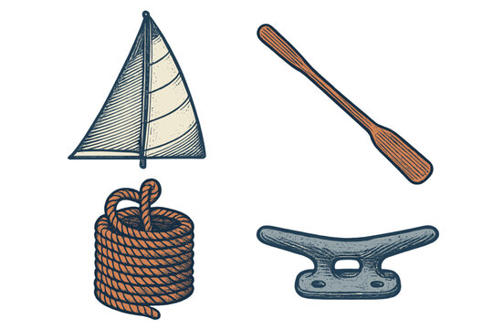 Vintage nautical items with sailboat sail, wooden oar, coiled rope, and boat cleat