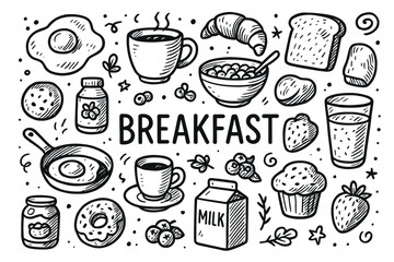 Hand-drawn breakfast food items with coffee, eggs, and bakery goods
