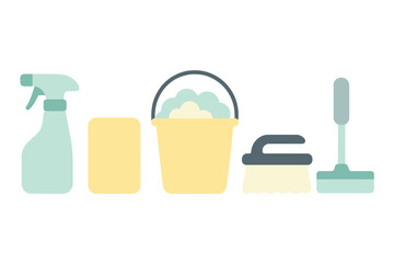 Collection of essential cleaning supplies including spray bottle, sponge, bucket, scrub brush, and squeegee