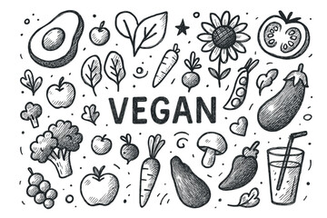 Hand-drawn vegan food icons: fruits, vegetables, and plant-based elements