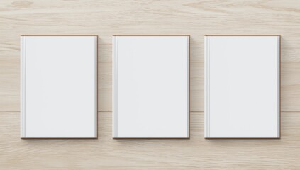 Fototapeta premium Mock up bi-fold flyer pamphlet brochure design A4 size half-folded (A5) paper layout space for template illustration mockup, flat lay on wood table from top view