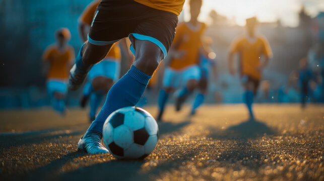 A footballer kicks the ball during a match at sunset, shot on an open field with teammates in the background