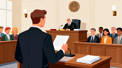 Lawyers and judges are in court, cartoon hand-drawn vector illustrations
