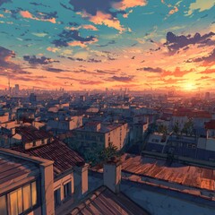 Urban Rooftop View at Sunset with Orange Sky and Clouds Artwork