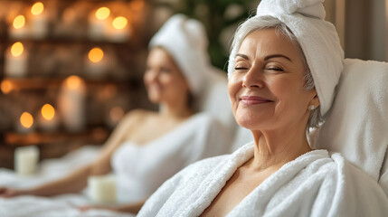 Senior friends relaxing and enjoying a spa treatment together.