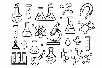 Science outline icon set. chemistry, laboratory, and research symbols collection