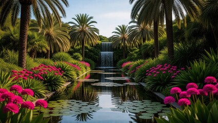 Fototapeta premium Tranquil Waterfall Oasis: Palm Trees, Pink Flowers, and Lily Pad
