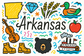 Obraz premium Arkansas icon set. state symbols flat collection with outline illustrations.