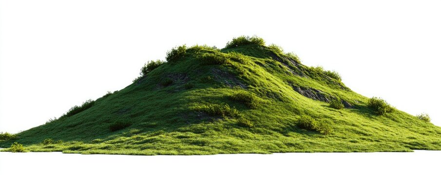 A grassy hillock covered in lush green vegetation. Small shrubs dot the top, set against a white background