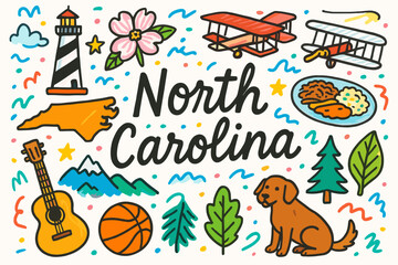 Obraz premium North carolina flat icon set. landmarks, nature, culture, and lifestyle icons collection