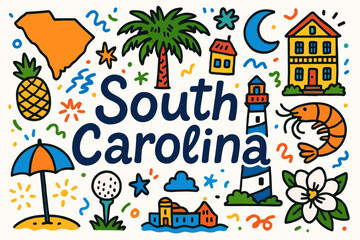 Naklejka premium South carolina flat icon set. state symbols, attractions, and cultural landmarks.