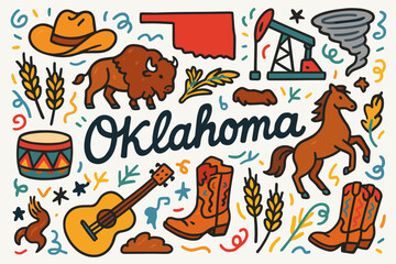 Oklahoma flat icon set. cowboy, tornado, bison, and guitar icons flat collection.