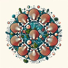 Geometric vector illustration of scallops arranged in mandala style with herbs and ocean waves.