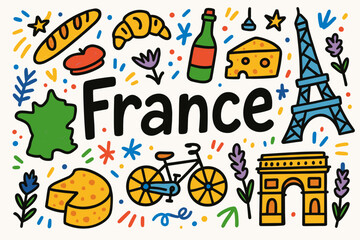 France doodle icon set. paris, french culture icons outline collection.