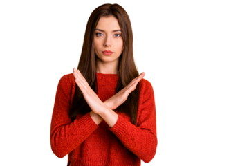 Photo of sweet pretty cute charming unreachable youngster showing you x sign declining your request to approach closer isolated over vivid color background