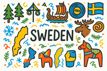 Fototapeta premium Sweden flat icon set. scandinavian culture, symbols and heritage icons collection.