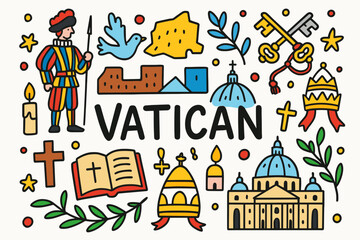 Obraz premium Vatican city flat icon set. symbols, culture, landmarks icons collection.