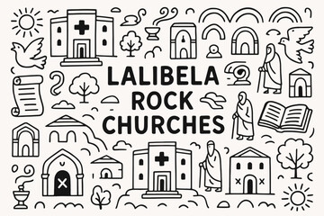 Naklejka premium Ethiopian landmark churches icon set. lalibela, heritage temples outline collection.