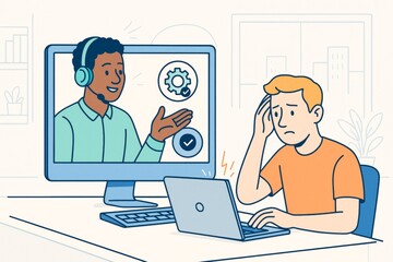 Online tech support agent assisting frustrated user during video call on computer screen with light creative background in modern workspace. Ai generative