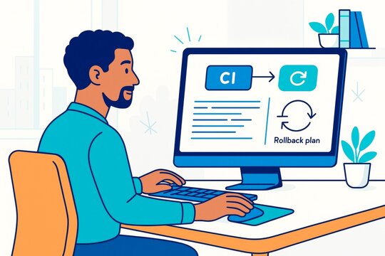 Developer working on CI rollback plan on computer screen in modern office environment with light tech-themed background concept illustration. Ai generative