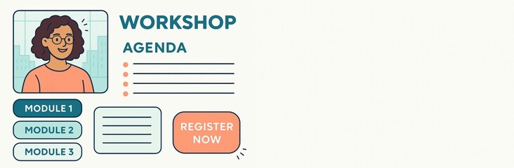 Workshop agenda template with illustrated character and module buttons on light background with copyspace for registration and event details. Ai generative
