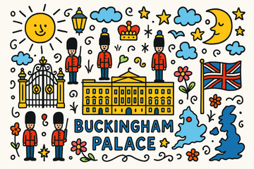 British landmarks flat icon set. buckingham palace, guards, uk flag, cultural symbols.