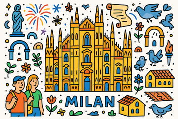 Milan travel outline icon set. architecture, landmarks, italy culture illustrated in line art.