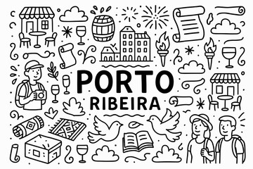 Porto ribeira doodle icon set. travel and culture icons linear collection