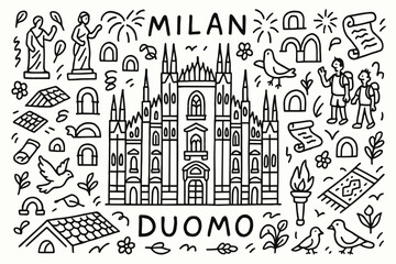 Milan duomo outline icon set. travel, historic architecture icons outline collection