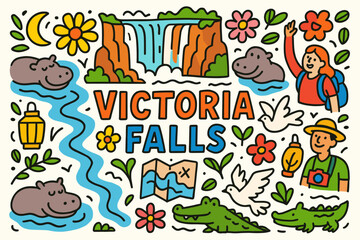 Fototapeta premium Victoria falls flat icon set. waterfall, wildlife, and adventure icons collection.