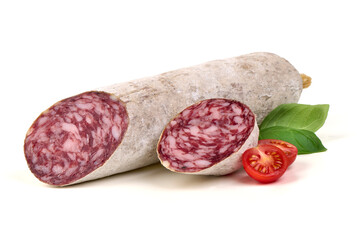 Salami Sausage with Basil Tomatoes, isolated on white background