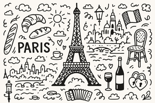 Paris travel doodle icon set. french culture and landmarks in outline style