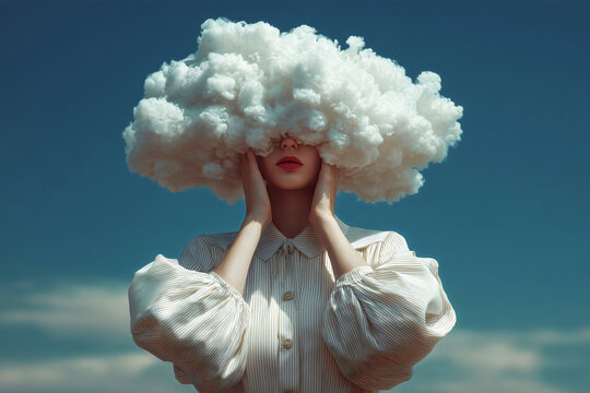 Woman with head obscured by large white cloud, blue sky background representing mental health anxiety stress overthinking brain fog confusion.