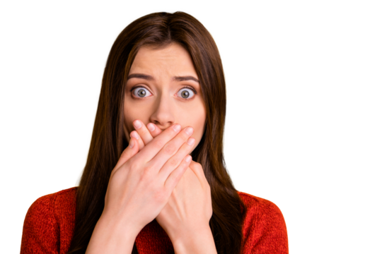 Close up photo of pretty girlish childish feminine girl having told restricted information unbelievable unexpected with mouth covered with hands isolated over yellow vivid color background