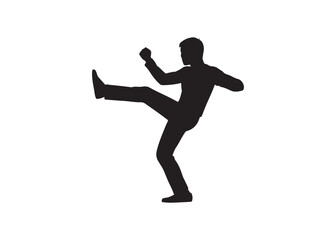 Silhouette of a man kicking isolated on white background