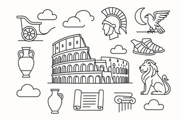 Ancient rome line icon set. colosseum, gladiator, roman symbols in outline style